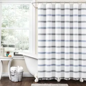 Lush Decor Stripe Woven Textured Yarn Dyed Recycled Cotton Blend Shower Curtain 72"W x 72"L Eco-Friendly Tassel Fringe Eco-Friendly Recycled Cotton 70% Cotton Pre-Consumer 30% Polyester