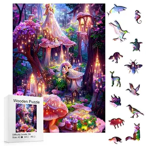 Enchanted Fairy Forest Glow Puzzle 5A Difficulty Magical Mushroom Wood Jigsaw for Kids & Adults A3 Size A4 & A5