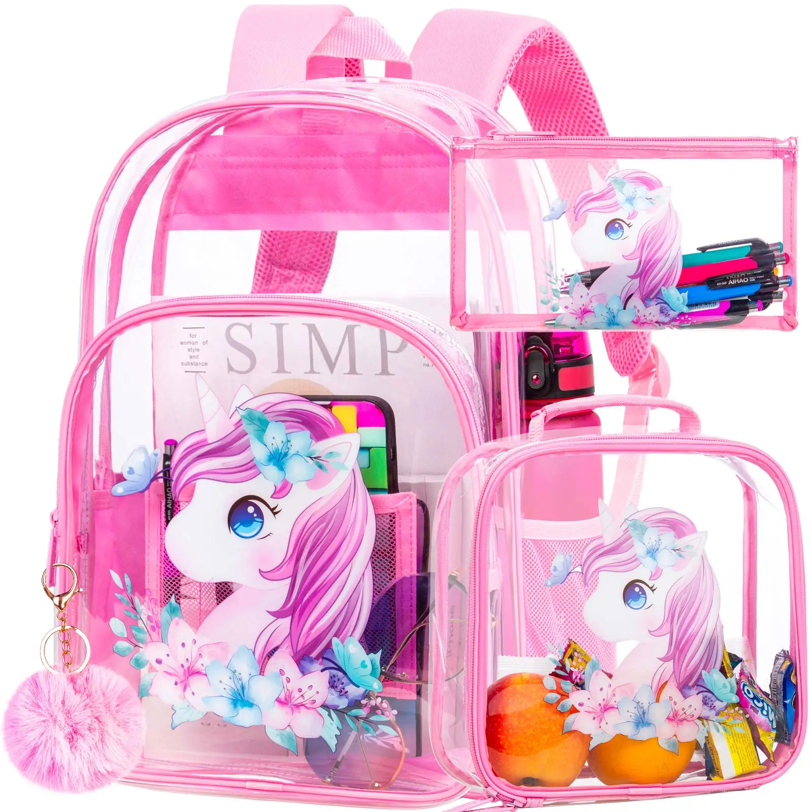 3PCS Clear Backpack for Girls, Pink Unicorn Transparent Bookbag Heavy Duty, See Through School Bag for Kids Elementary Preschoolol