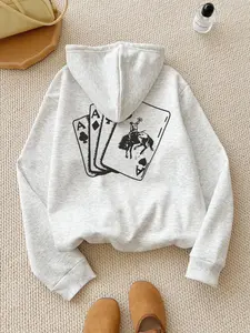 Fleece Hoodie with Print, Graphic Print Hoodie, Casual Loose-Fit Long Sleeve Pullover for Fall & Winter, Trendy Poker Design Sweatshirt