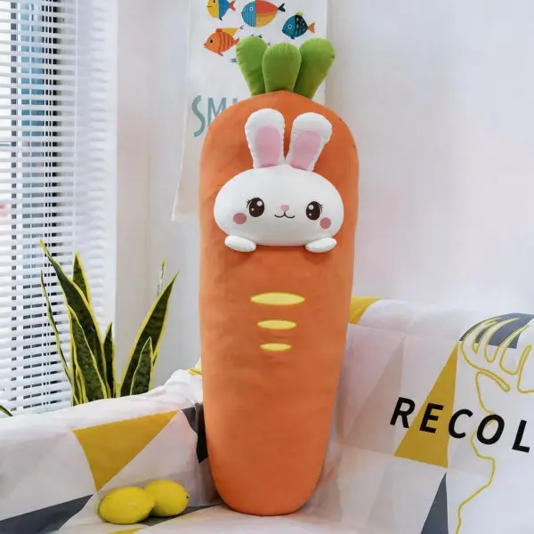 Ultra-soft, cute rabbit fruit long pillow—soothing plush toy with a healing vibe; transforms into a carrot or cactus; bedroom backrest cushion, sofa decor, gift