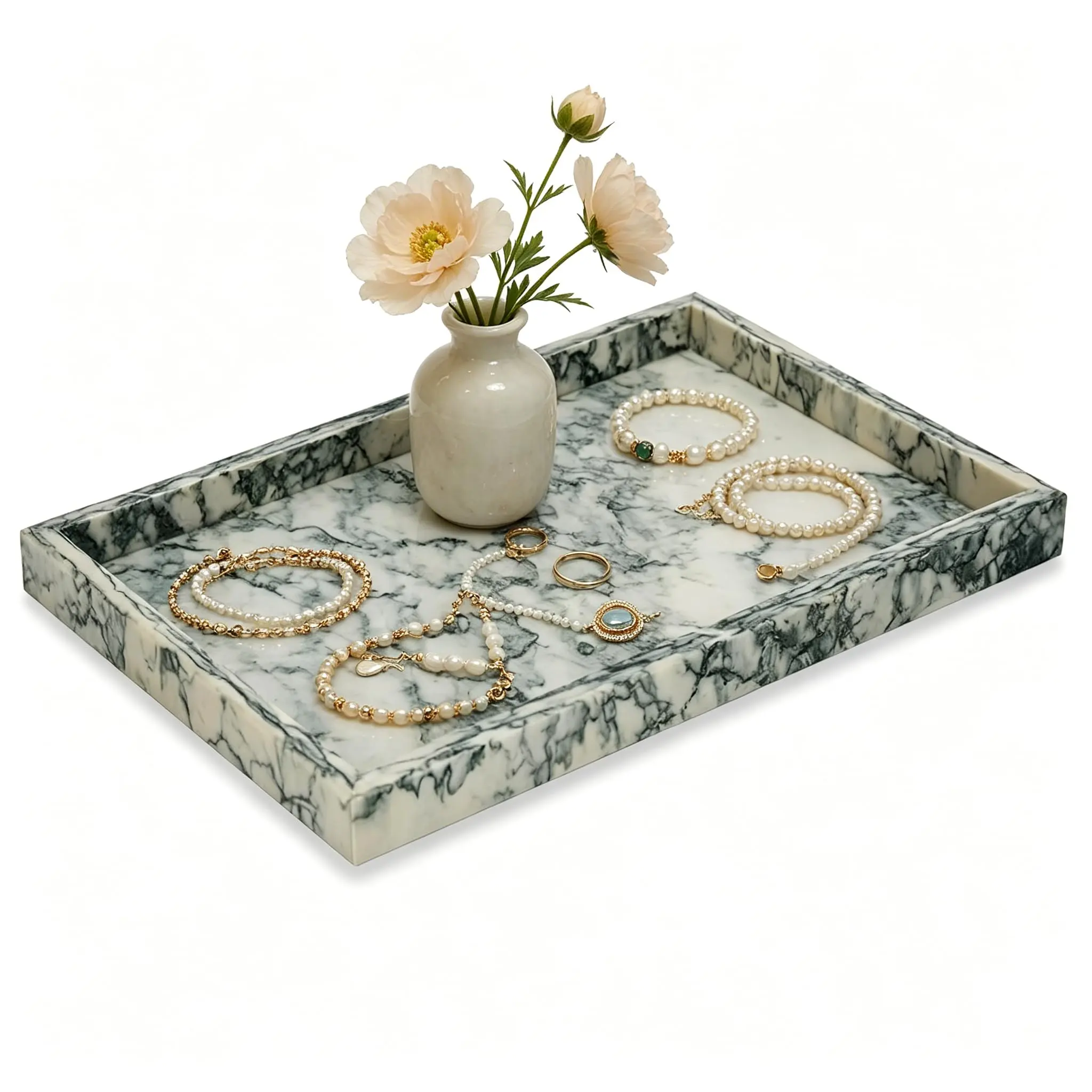 Marble Bathroom Tray Elegant Natural Marble Vanity Tray Pure Stone Jewelry and Perfume Organizer Decorative Bathroom Counter or Kitchen Storage Cyan Green 12x8 Inch
