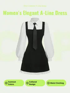 Women's Button Decoration Fitted A-line Dress, Casual Bishop Sleeve Dress for Daily Wear, Ladies Clothes for All Seasons, Elegant Feminine Womenswear