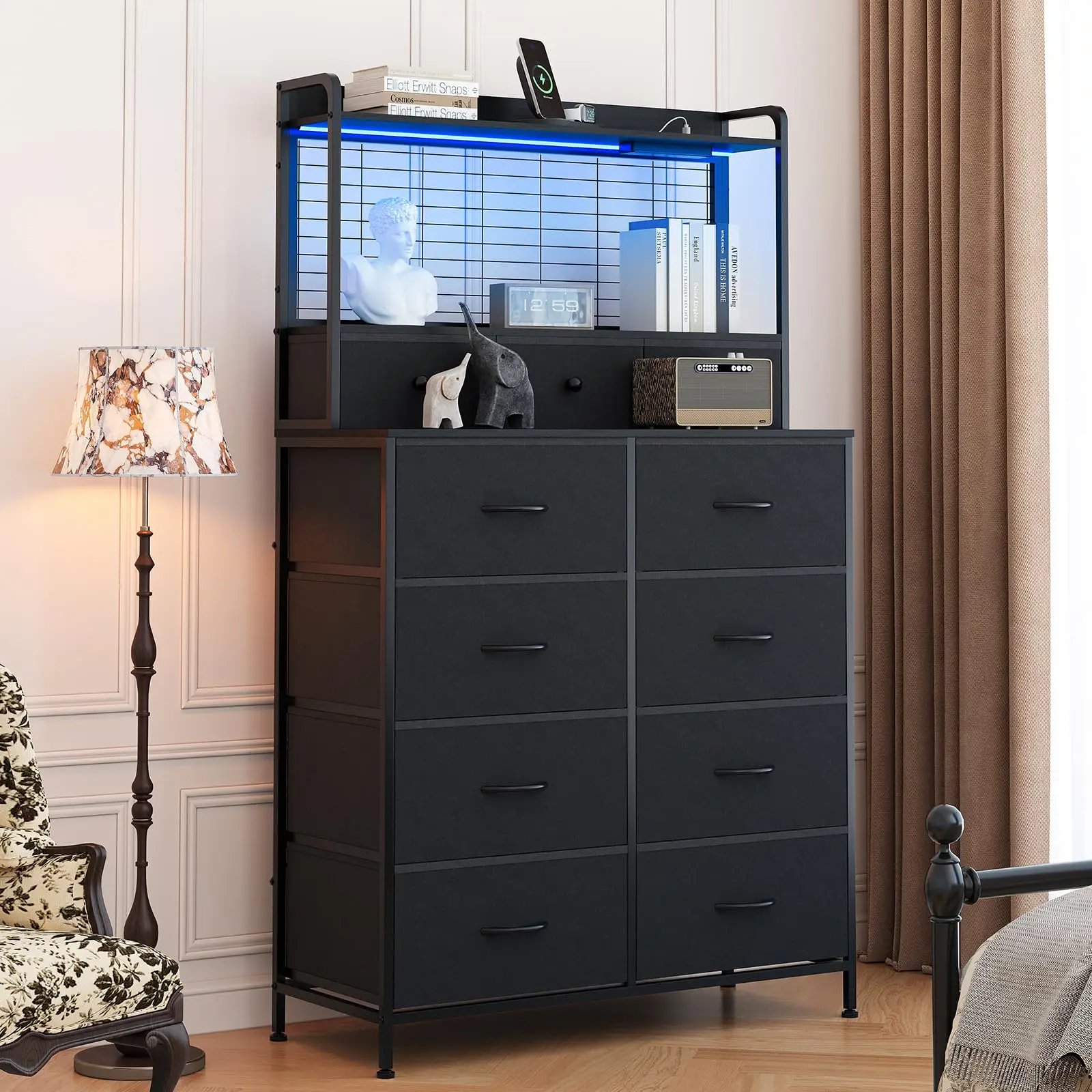 YJ-Garvee Storage Cabinet with 11 Fabric Drawers, Built-in Charging Station & App-Controlled RGB LED Lighting - Industrial Storage Organizer with Anti-Tipping Design for Bedroom, Living Room, Closet, Black