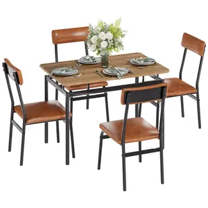 Garvee 5-Piece Dining Table Set, Wood Kitchen Table with 4 Upholstered Chairs, Space-Saving Design, Faux Leather Cushions, Modern Rectangular Table, Metal Frame, for Dining Room, Small Spaces, Brown