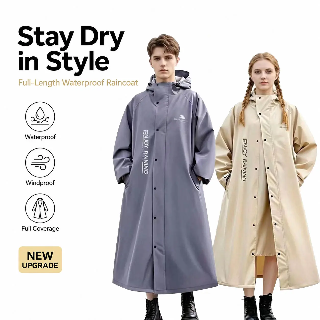 Multi-Size Solid Men's Unisex Full-Body Raincoat, Long Thick Fabric Waterproof Wind-Resistant Trench Coat with Large Hood, Rainproof for E-Bike Outdoor Cycling, Sport Rainwear (M, XXL Available)