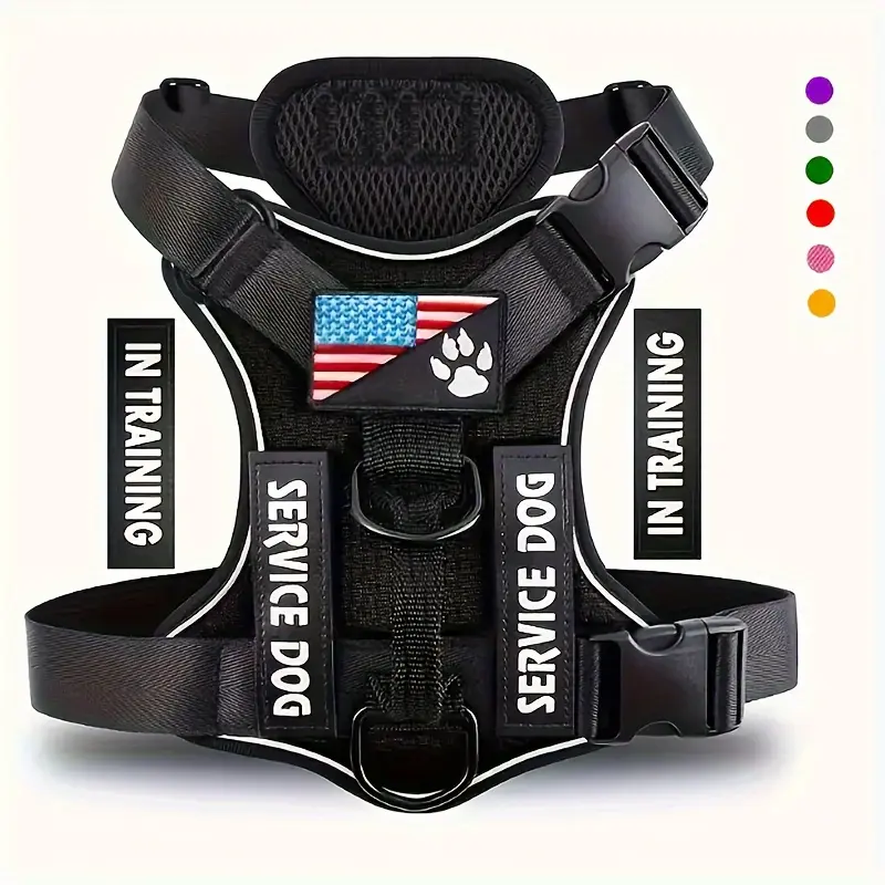 Service Dog Harness with Reflective Vest - Adjustable Soft Oxford Fabric Waterproof Pet Harness, 5 Removable Patches, Breathable Mesh Lining, Easy Control for Small & Medium Dogs, Geometric Design, S