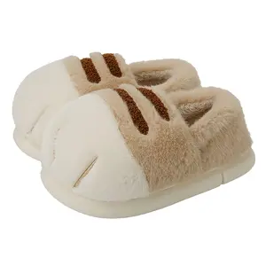 Cat Paw Slippers Winter Warm Furry Bedroom House Shoes for Indoor Use in Khaki Brown and Pink Colors with Non-Slip Sole and Plush Material