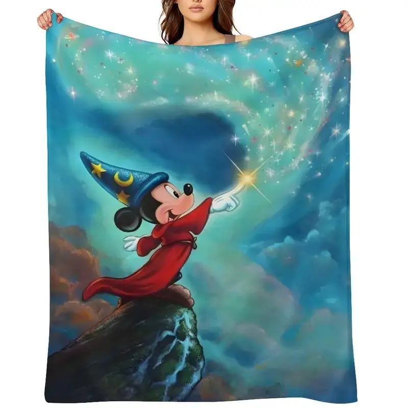 [SummerVibes] DISNEY CLASSIC Mickey Mouse Wizard Flannel Blanket - Soft Throw, Vibrant Starry Night Design for Home, Travel, All-Season Cozy Comfort, Whimsical Theme