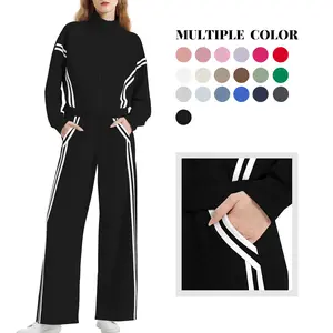 Casly Lamiit Women's 2 Piece Outfits Zip Up Sweatshirt Contrast Striped Wide Leg Sweatpants Suits Jogger Travel Matching Set Black Casual Long Sleeve Stand Collar Jacket High Waist Pants
