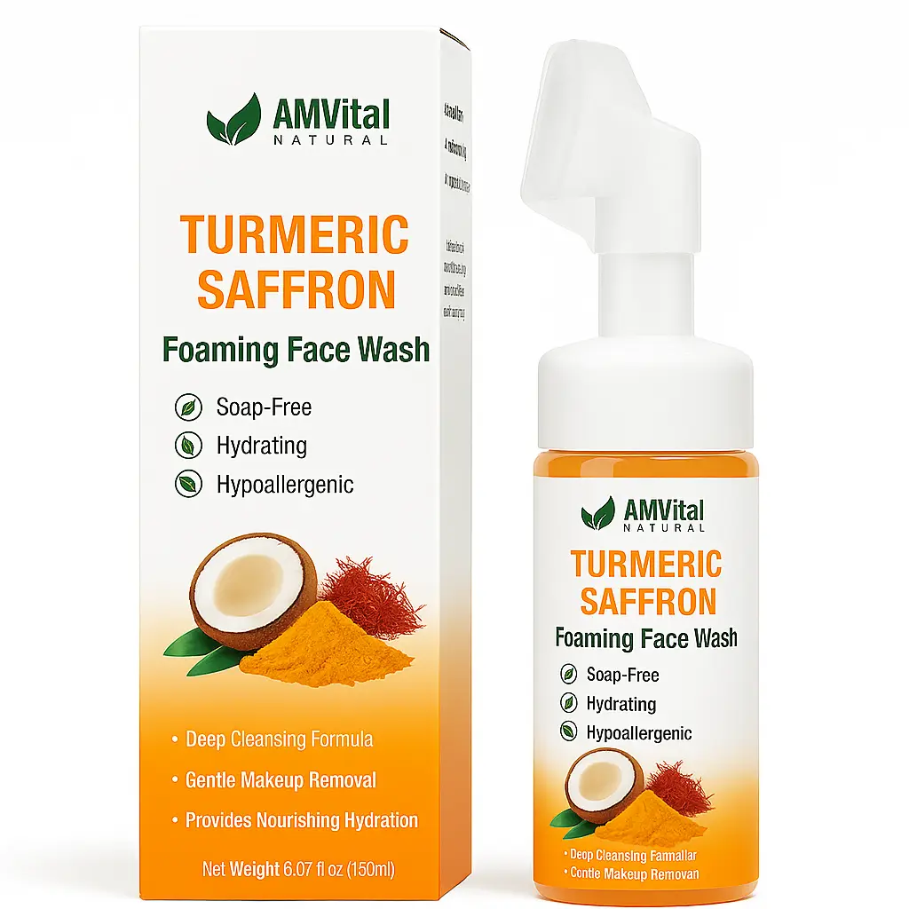 AMVital Turmeric Saffron Foaming Mousse Facial Cleanser - Gentle Nourishing Daily Face Wash for Sensitive, Combination Skin with Soothing Cleansing, Brightening Cleanser Effects, Facial Wash, Radiant Skin, Adults, Natural Beauty