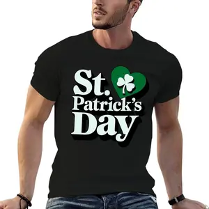 St Patrick's Day Green Heart & Shamrock 100% Cotton T-Shirt Short Sleeve Fitted Crew Neck Casual Summer Apparel for Men