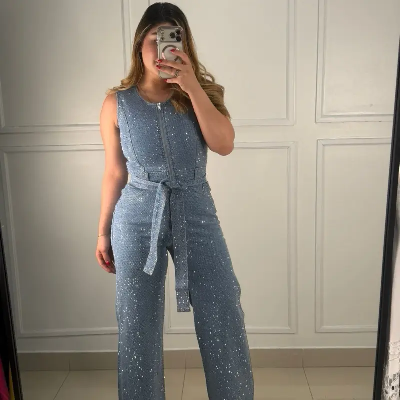 Denim Rhinestone Jumpsuit - Light Wash, Straight Bottom Fit