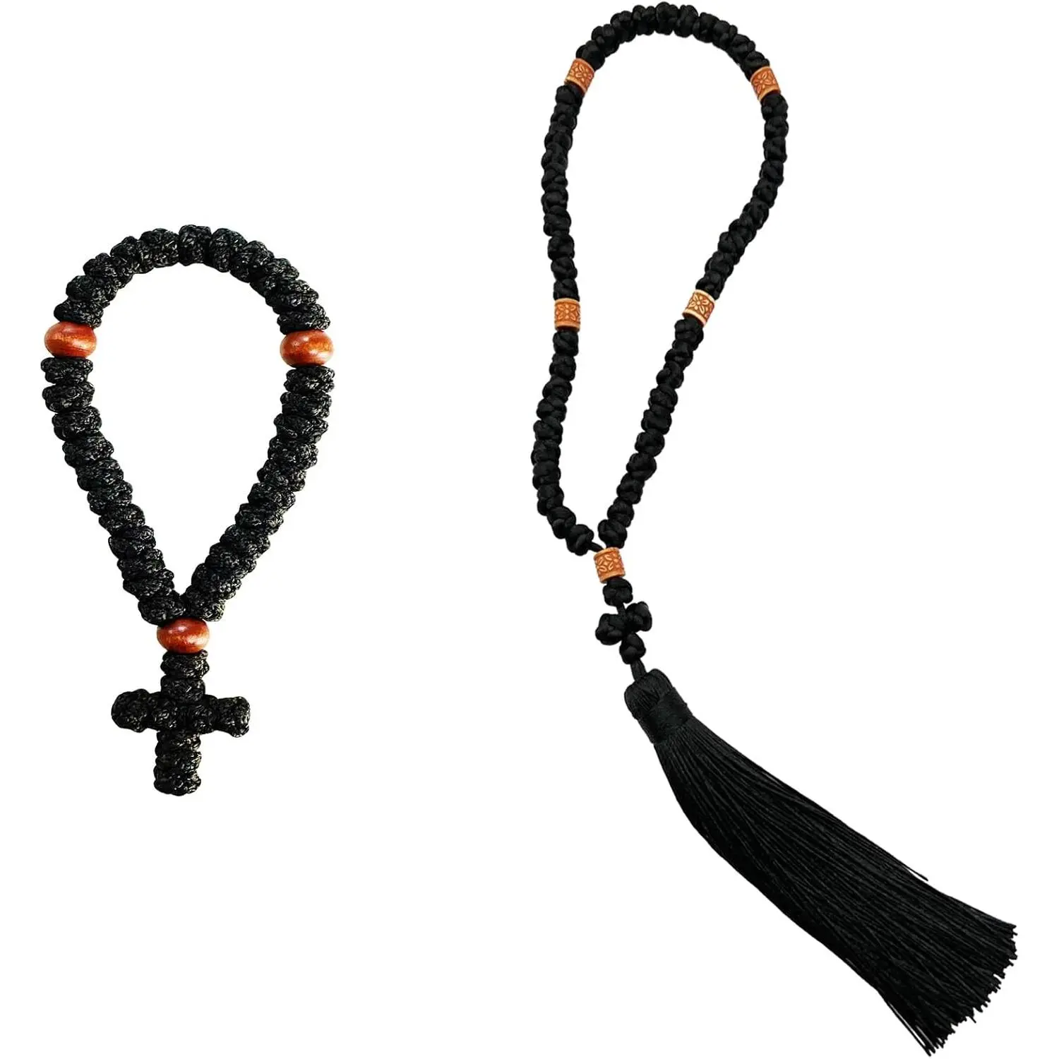 2-Count Synthetic Black Christian Orthodox Chotki Prayer Rope, Handmade 50-Knot Greek Omboskoini with 33-Knot Protection Blessing Cross Charm Tassel, Car Interior Accessories Hanging Decoration