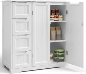 Gizoon Storage Cabinet, Bathroom Floor Cabinet, Kitchen Pantry, Side Storage Organizer with 4 Drawers & Double Doors, Coffee Bar Table, Adjustable Shelf, for Bathroom, Living Room, Entryway, White