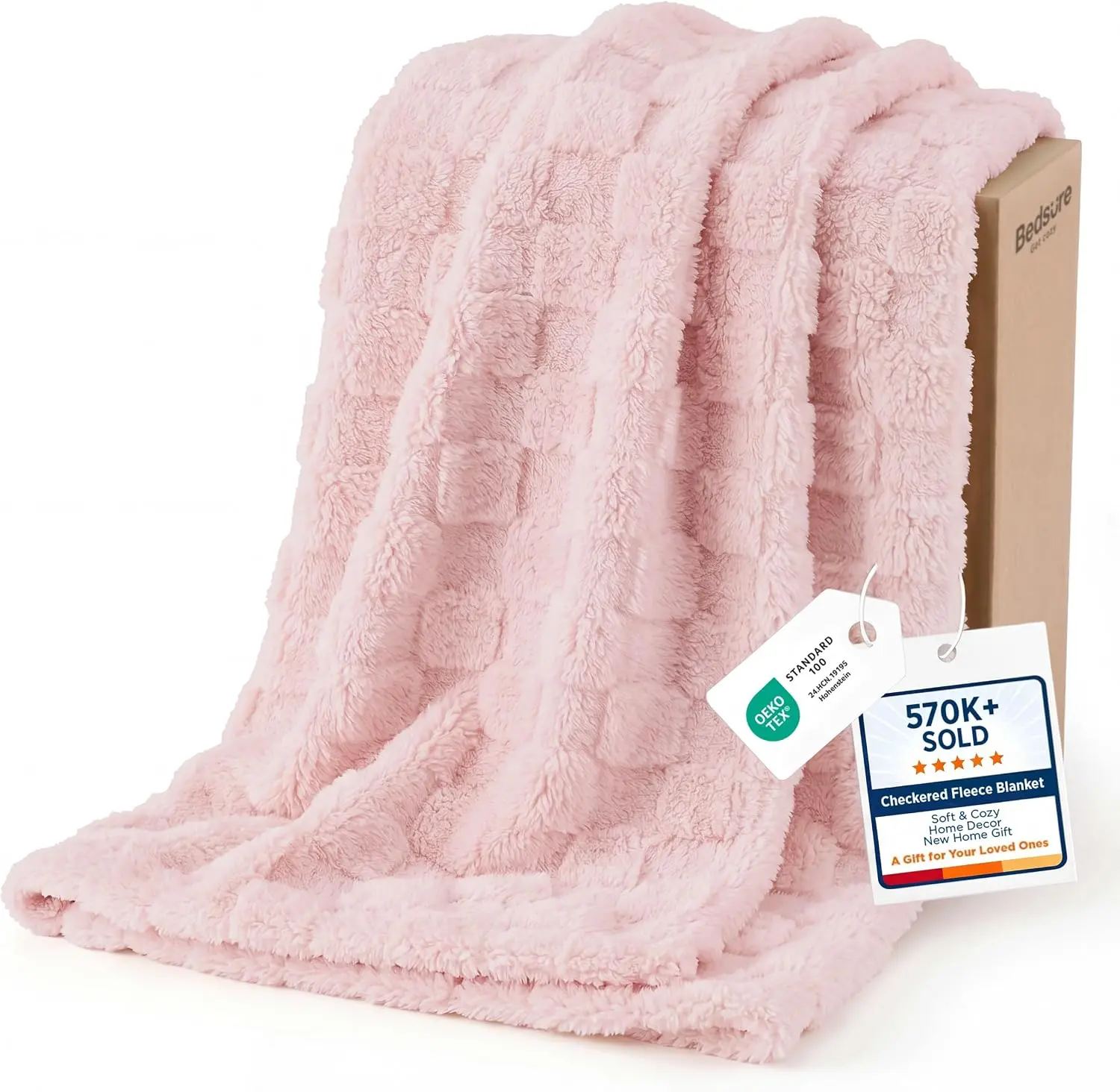 Bedsure GentleSoft Baby Pink Throw Blanket for Couch - Checkered Fleece Blankets Gifts for Women Girls, Cute Soft Cozy Throw for Bedroom Home Decor Gifts, Light Pink, 50x60 Inches