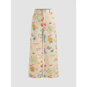 Cider [size 0-26] Corduroy Mid Rise Animal & Fruit Graphic Wide Leg Trousers