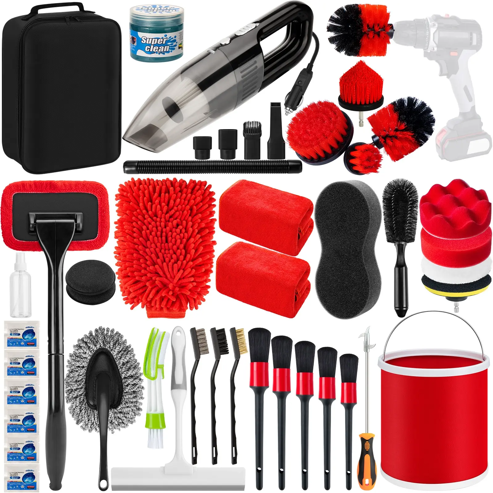 44Pcs Car Wash and Cleaning Kit, Windshield Cleaning Tool, Tire Brush, Towels, Car Vacuum Drill Brush Set with Detail Brushes, Foldable Bucket—Complete Set of Car Interior and Exterior Detail Cleaning Tools, Red