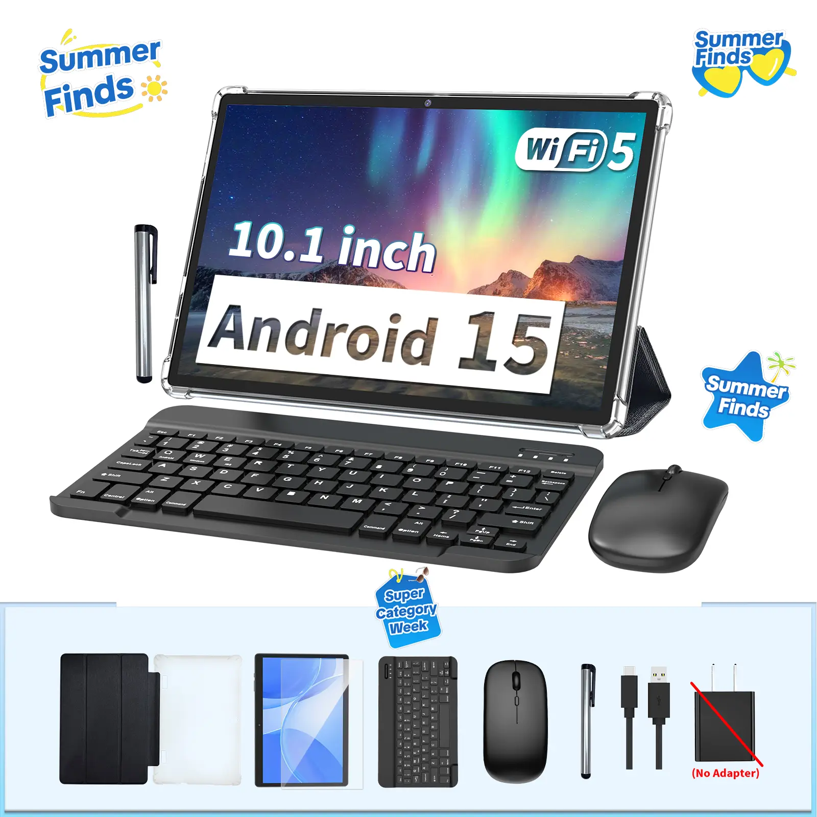 【SummerTurnUp】PYNAREL Android 15 Wireless Touchscreen Tablet with Keyboard, Case, Mouse, Stylus, Screen Protector, 5G Wi-Fi, Type-C - Tech Gadget Gift Bundle, Back-to-School, Xmas Gift Idea