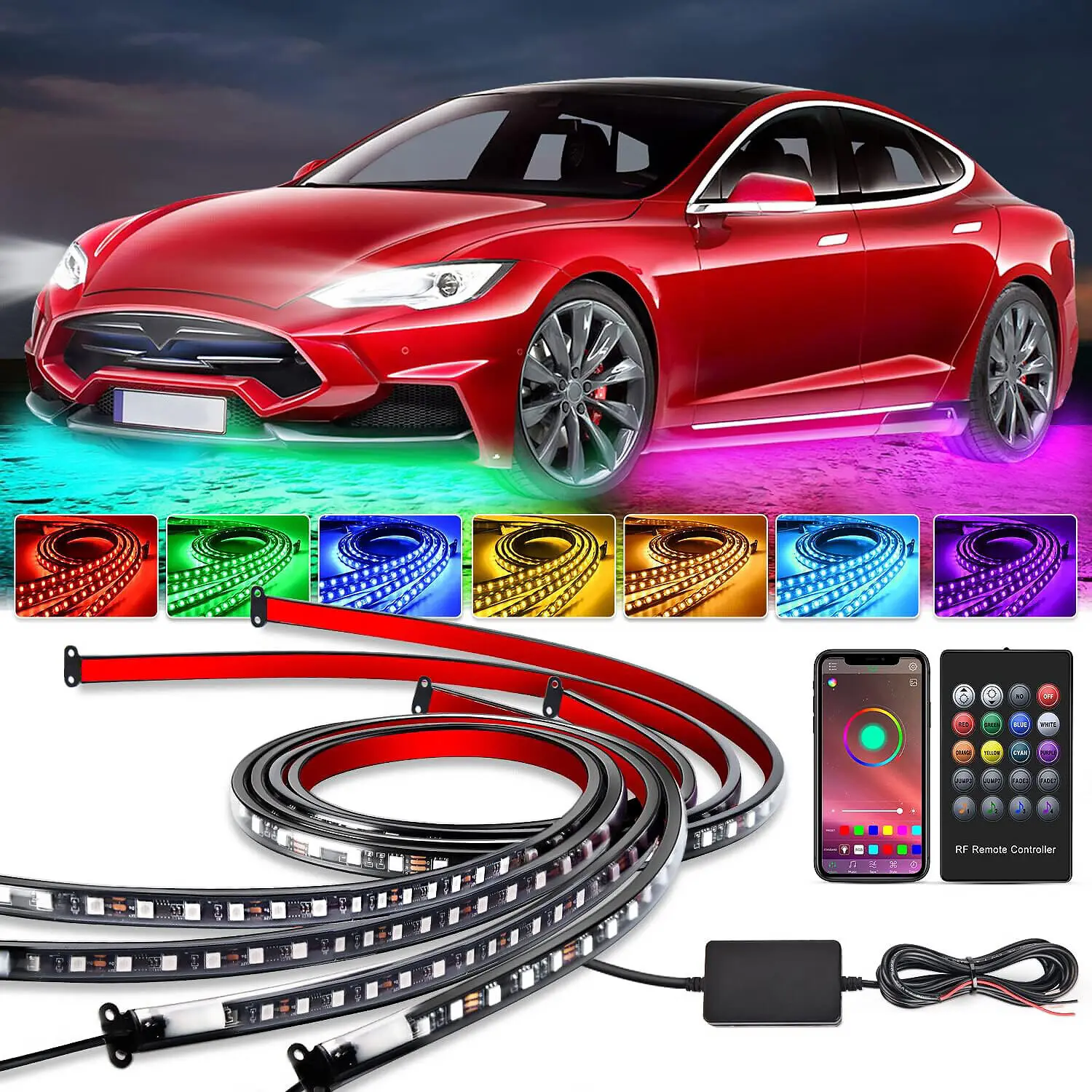 RGB LED Strip Under Car Tube Underglow Lights Kit + APP Bluetooth Remote Control luces, Led Lights For Car, Car Lighting Upgrade