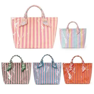 High-Value Striped Tote Bag with Floral Scarf, Waterproof Summer Essential Large Capacity Shoulder Bag, Portable Travel Handbag, Fashionable Casual Tote for Women