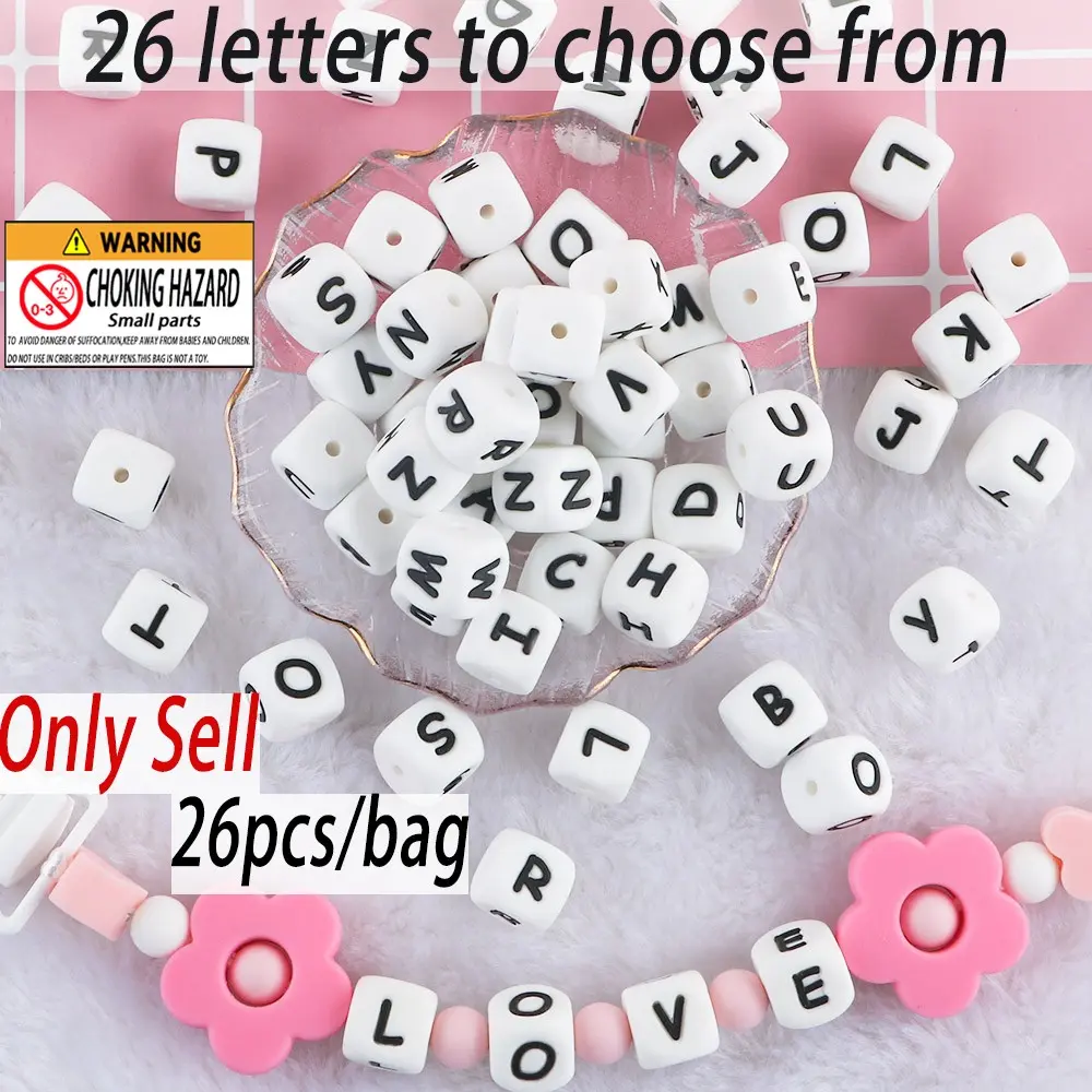 26pcs Silicone Letters Bead Set 12mm English Alphabet Beads For Jewelry Making Supplies DIY Personalized Name Chain Accessories Matching Beads Letter Charm Beaded Beading Making