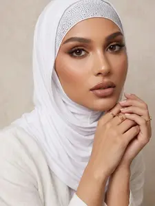 Women's Starry Double-Layer Knit Hat, Plain Color Rhinestone Scarf Cap, Muslim Modern Fashion Modesty Breathable Elegant Long Shawl, Hijab Turban, Outdoor Sun Protection