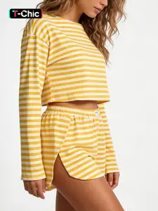 Women's Striped Sweater Set, Soft & Comfortable Long Sleeve Top + Side Slit Shorts, Casual All-Season for Home Beach Vacation Outdoor Matching Set, Striped Knit Sets