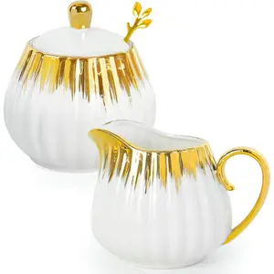 Ceramic Sugar and Creamer Set, Cream Pitcher Sugar Bowl with Lid and Spoon, Sugar and Creamer Container for Coffee Bar, Coffee Sets for Serving