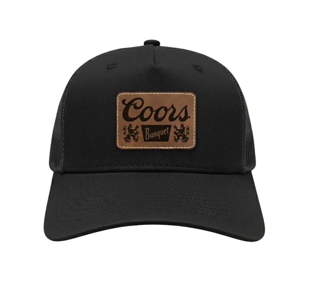 Coors Banquet Leather Patch Trucker Hat Classic Mesh-Back Snapback Unisex Black Hat with Brown Leather Patch Adjustable Closure OSFA