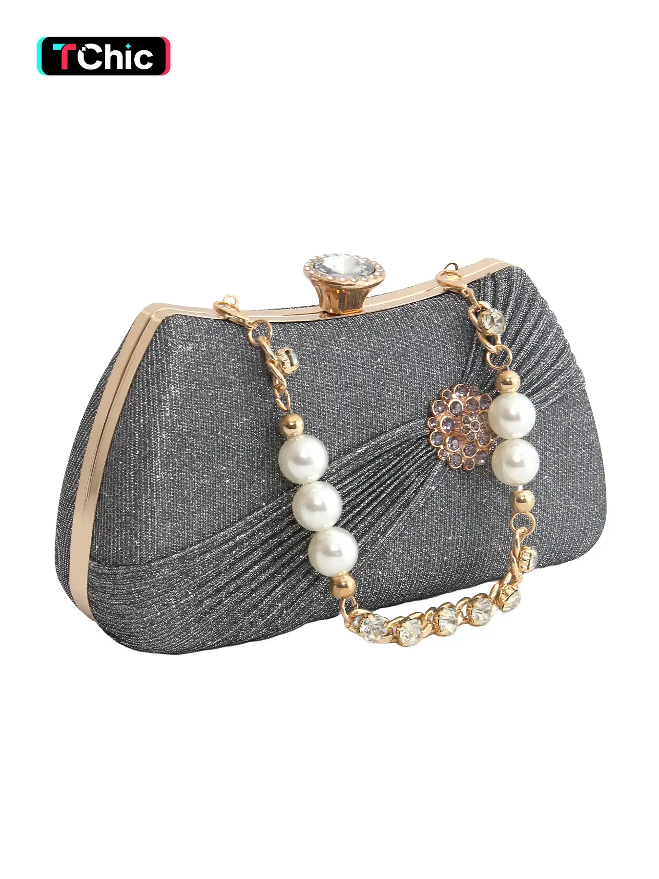 Elegant Rhinestone Unique Touch Women's Evening Bag, Clutch Purse, Handbag, Brooch Rhinestones, Pearl Chain Strap, Wedding Party Shoulder Bag, Wristlet, Elegant Stylish Purse
