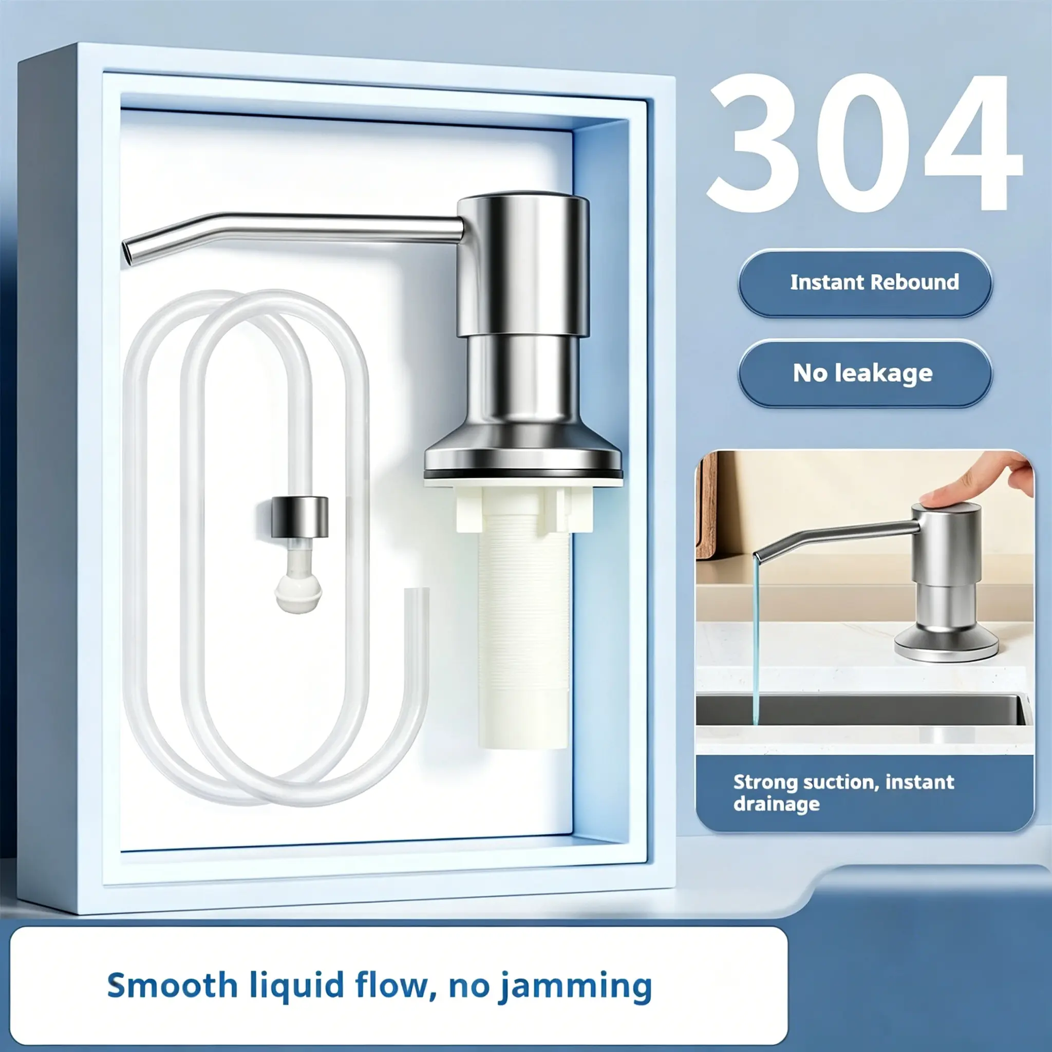 Stainless Steel Liquid Soap Dispenser Bottle for Kitchen Sink, No-Drill Silicone Adhesive Mount Installation, Modern Minimalist Press Pump, Matte Finish