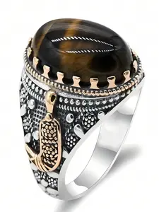 Vintage Men's Classical Elegant Tiger Eye Stone Ring, Wedding Engagement Party Jewelry Gift, 1pcs Fine Patterned Accessory