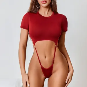 Avidlove Women's Cut-Out Lingerie Bodysuit, Short-Sleeve Crew Neck Crop Top with Soft Stretchy Fabric, Metal Ring Accents, Slim Fit