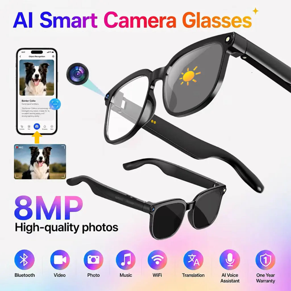 AI Camera Smart Glasses, 8MP Photo & 1080P Video, Bluetooth Audio Calls, App Translation, Touch Control, Unisex Wearable Glasses app-based