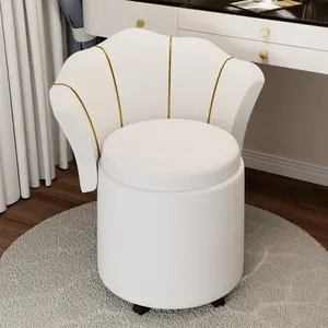 White Vanity Chair with Storage | Upholstered Makeup Stool with Gold Trim