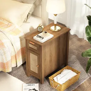 PieDle Small Space Friendly Nightstand with Charging Station, Mid-Century Rattan Design, USB Ports, and Storage Drawer for Bedroom and Living Room