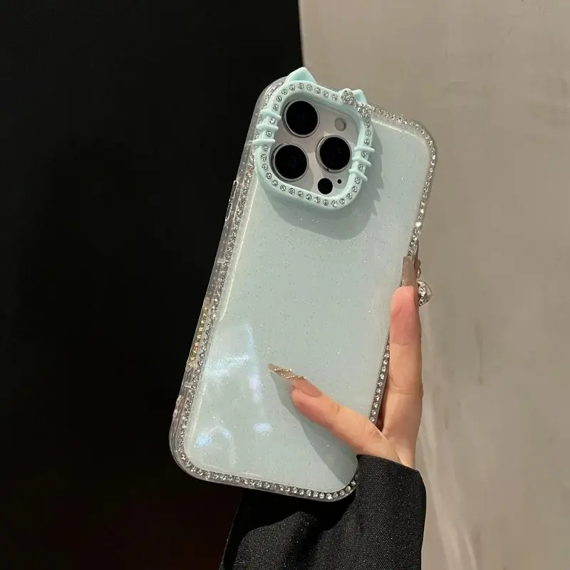 Candy Color Glitter Rhinestone Cat Ears Phone Case for iPhone 11–17 Series Pro Max Plus, Shockproof Protective Back Cover, Fashion Accessories