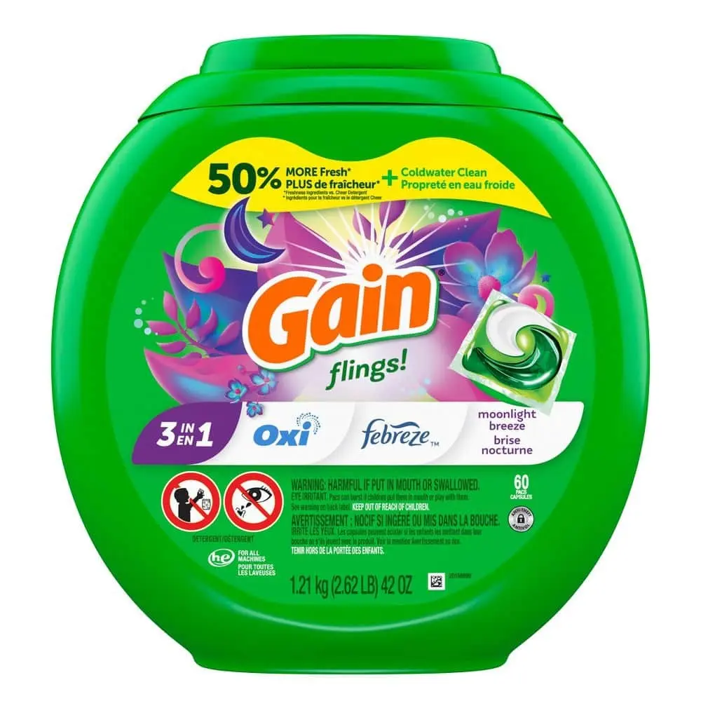 Flings Oxi Boost and Febreeze 3 in 1 HE Moonlight Breeze Scent Laundry Detergent Pods (60-Count)