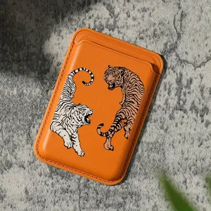 Luxury tiger-striped TPU faux leather magnetic card holder, compatible with iPhone 16, 15, 14, 13, 12 Pro Max - secure slot for 1-2 cards, built-in security pocket, stylish orange color, black and white tiger stripe design, suitable for iPhone wallet acce