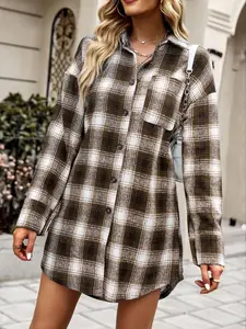 Women's Plaid Print Pocket Button Front Button Up Shirt Blouse, Casual Classy Fashion Chic Drop Shoulder Long Sleeve Collared Top for Fall & Winter, Women's Clothes for Daily Wear, Womenswear