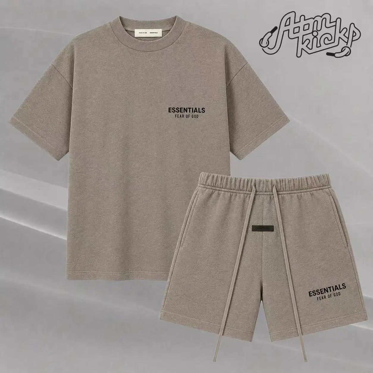 (Tee and Shorts) Fear of God Essentials T-shirt & Shorts Set Stretch HomesteadHeather OVER SIZE Casual Wear Comfortable Fit Simple Design Versatile Everyday Wear Menswear Tops Crewneck ShortSleeve Light