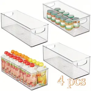 4 pieces of small plastic storage boxes with handles, suitable for organizing on cabinets, dressing rooms or storage racks - suitable for food-grade materials, daily storage - striped series - transparent material