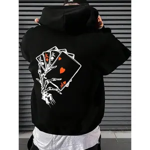 Men's Skeleton Hand & Playing Card Print Drop Shoulder Hoodie, Fashion Casual Regular Fit Drawstring Pocket Sweatshirt for Daily Wear, Holiday & Outdoor Activities, Trendy Men's Clothes for Spring & Fall, Comfortable & Stylish Hoodie