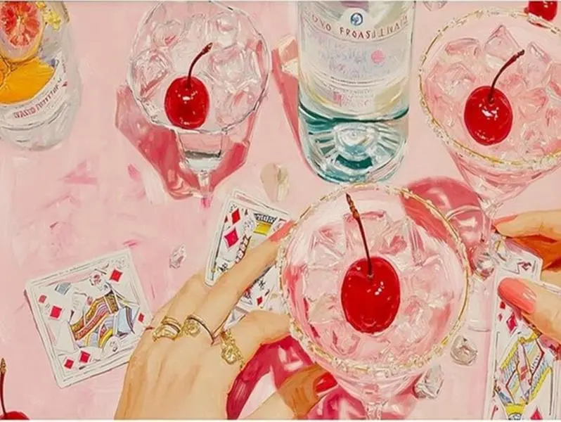 Pink Cocktail Diamond Art Kit - Easy DIY Full Drill Rhinestone Craft, Cherry & Cards Design, Perfect Starter Kit for Beginners