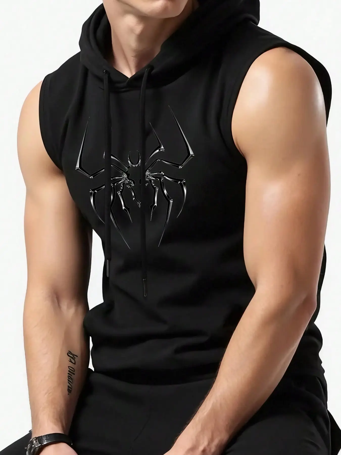 Men's Regular Fit Sleeveless Hoodie, Spider Logo Print, Graphic, Comfortable Fabric, Loose Style, Casual Summer Training Top, Casual Street Fashion, Casual Graphic Streetwear, Hot Trending Hoodies