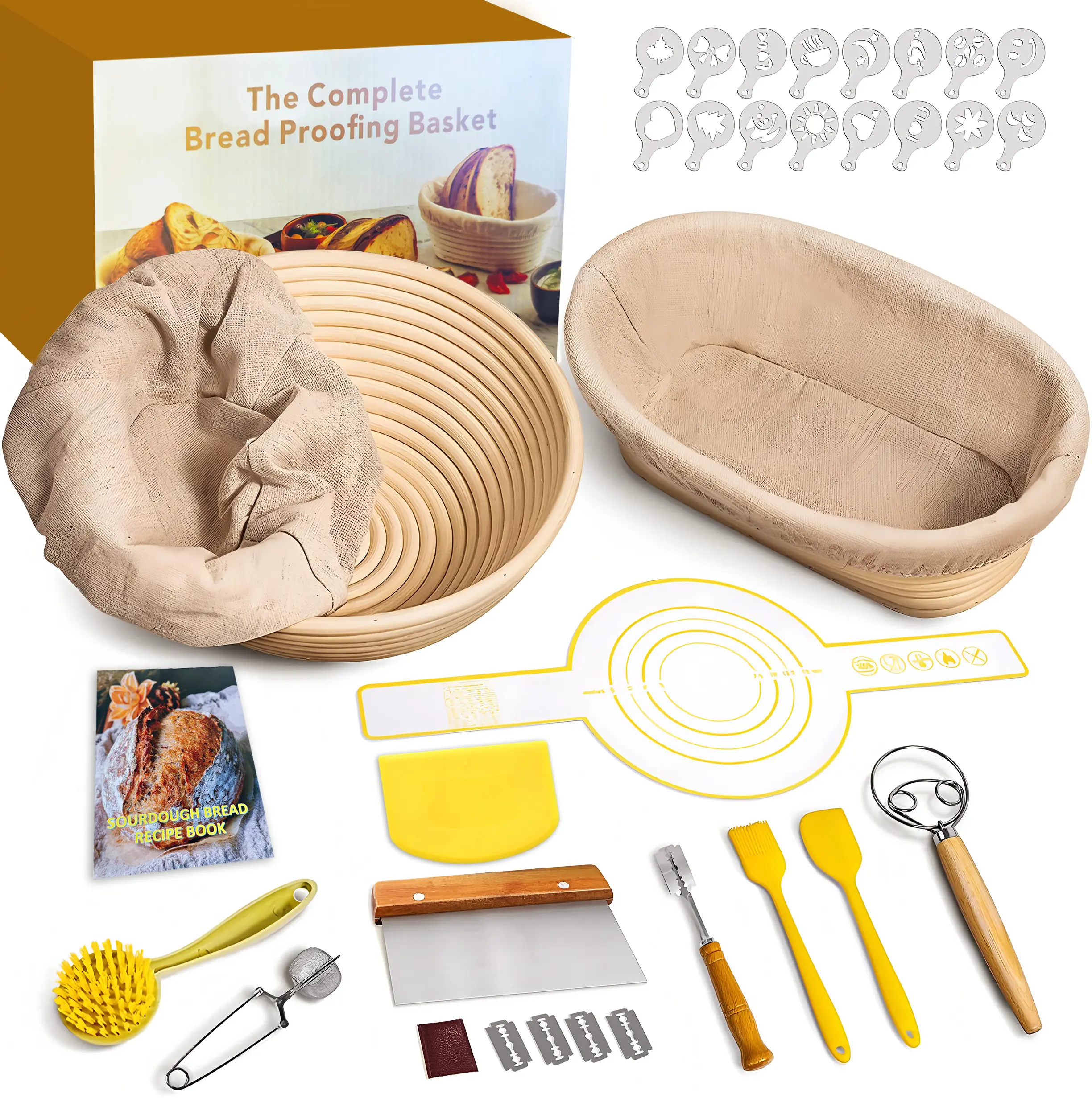 Bread Banneton Proofing Basket Set,9 Inch Round & 10 Inch Oval Cane Sourdough Baskets With Dough Whisk Lame Dough Scraper Bowl Scraper Silicone Brush Sourdough Bread Baking Supplies
