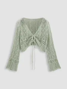 【Plus Size】 Hollow Out Drawstring Sheer Cardigan, Casual Flounce Sleeve V Neck Knitwear Top for Spring & Fall, Women's Plus Clothing for Daily Wear