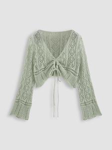 【plus size】 hollow out drawstring sheer cardigan, casual elegant flounce sleeve long sleeve v neck knitwear top for spring & fall, women's plus clothing for daily wear, knitting lightweight womenswear