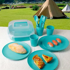 21pcs Outdoor, Camping Portable Cutlery Set, Cups, Plates, Knives, Forks, Spoons, Easy to Clean with Storage Box